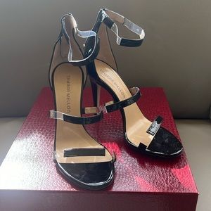 Tamara Melon Frontline 75 black patent heeled sandal